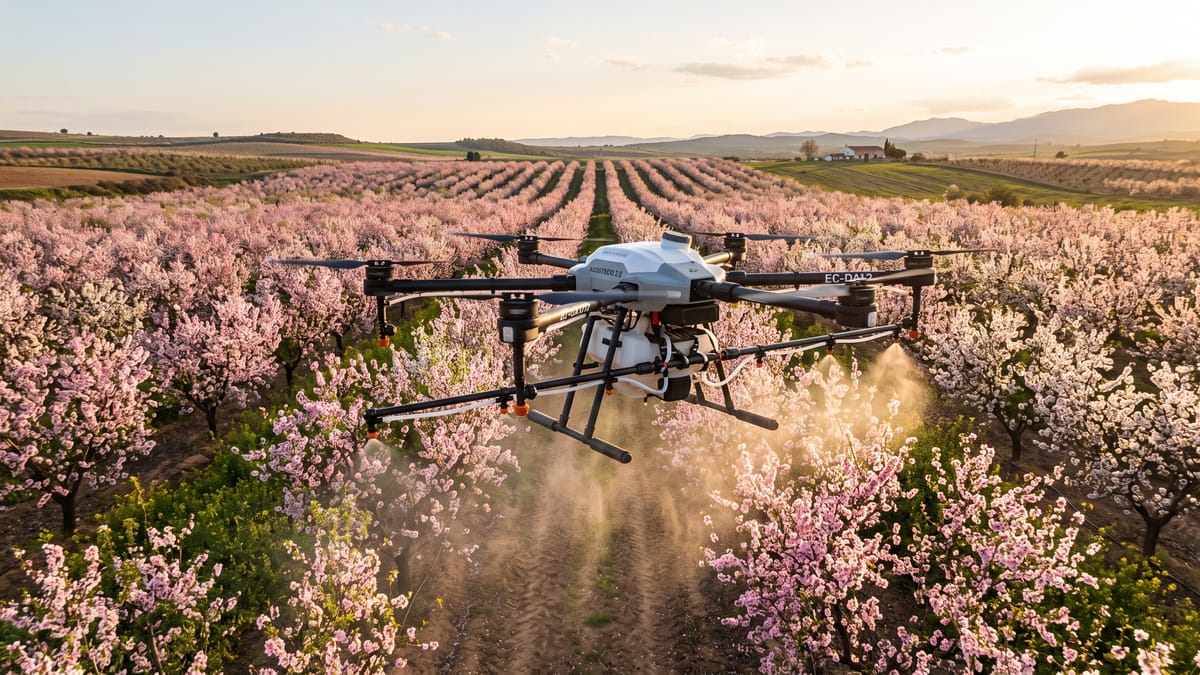Dron de pulverización DA-40 tratando un cultivo de almendro