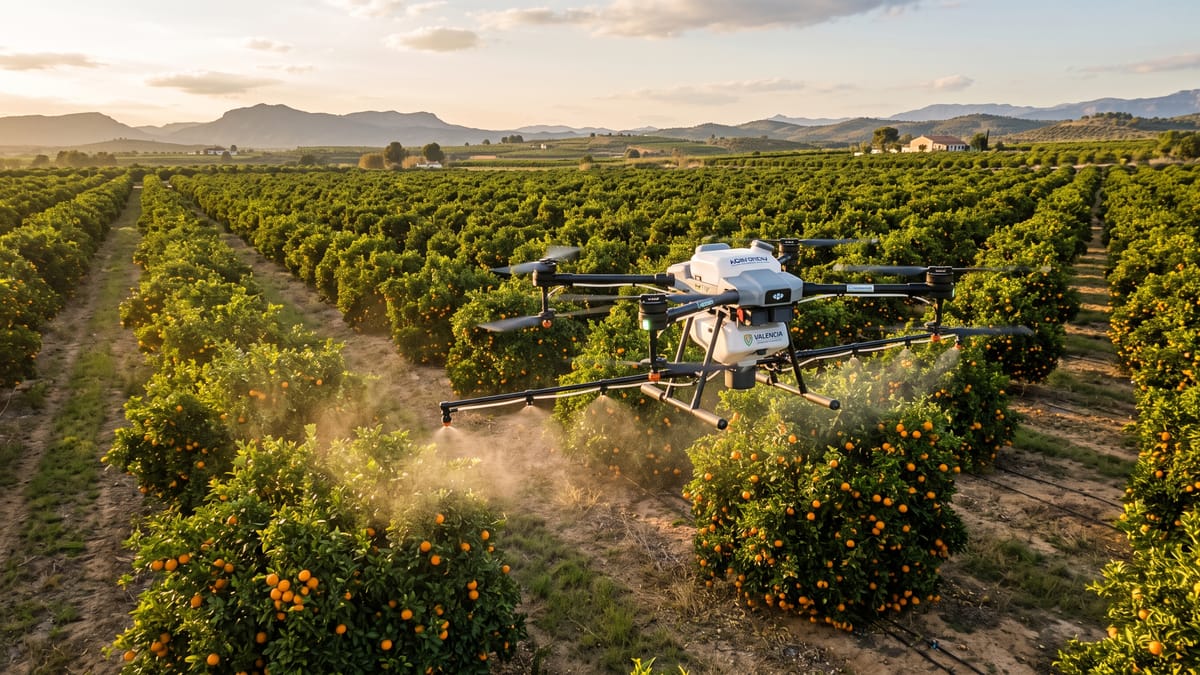 Dron de pulverización DA-40 tratando un cultivo de cítricos
