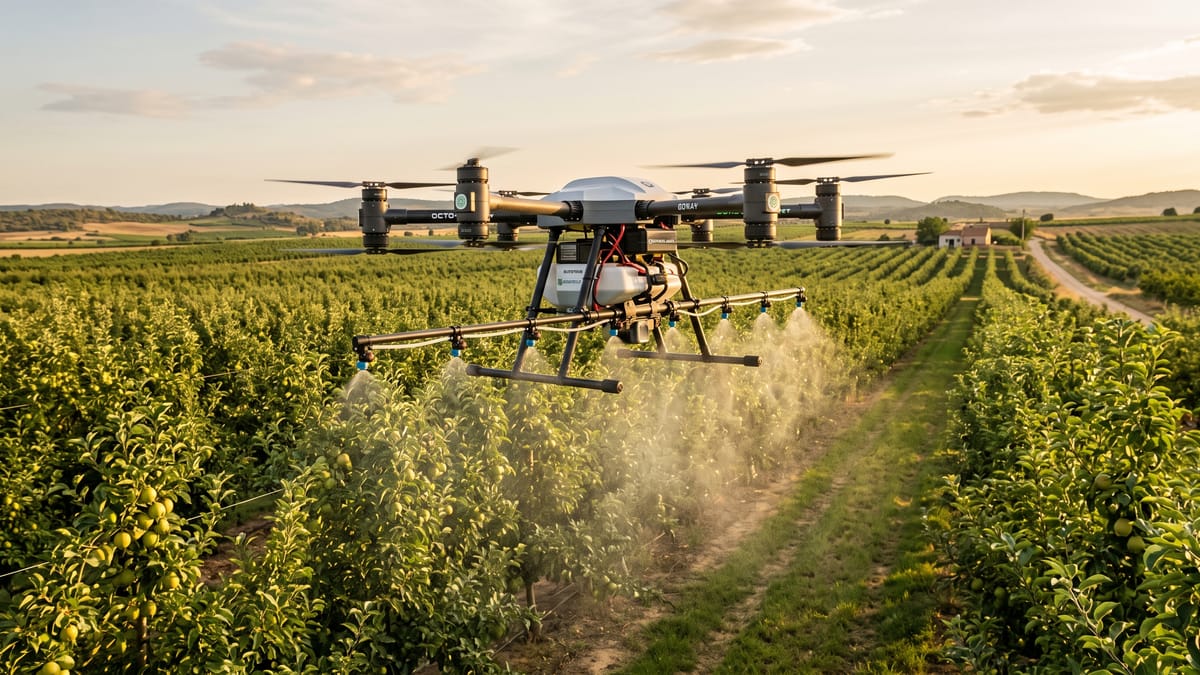Dron de pulverización DA-40 tratando un cultivo de frutales de hueso y pepita