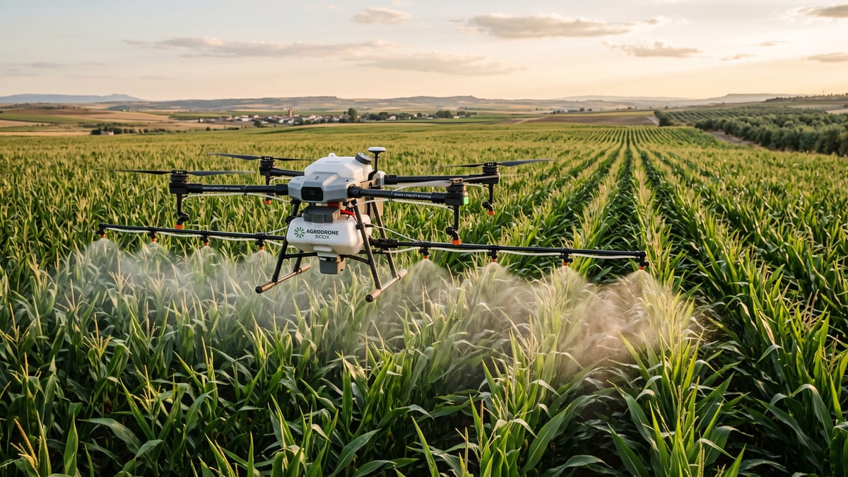 Dron de pulverización DA-40 tratando un cultivo de maíz
