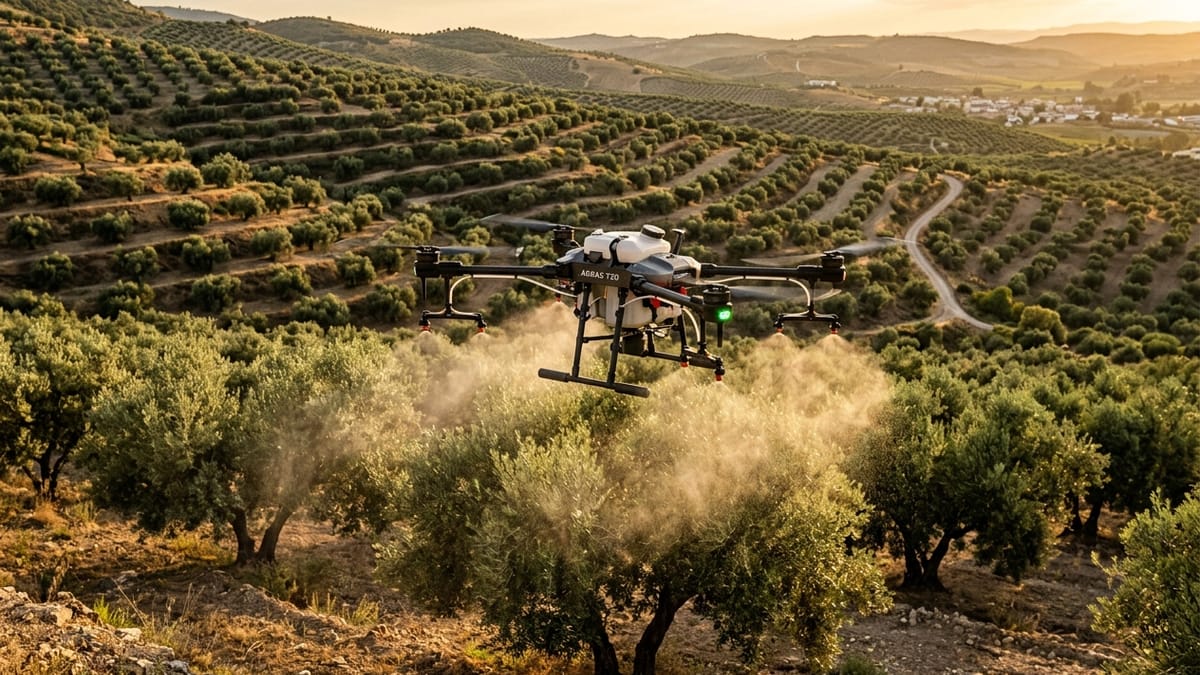 Dron de pulverización DA-40 tratando un cultivo de olivar