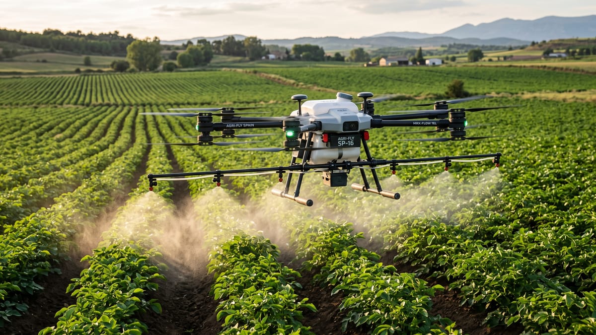 Dron de pulverización DA-40 tratando un cultivo de patata
