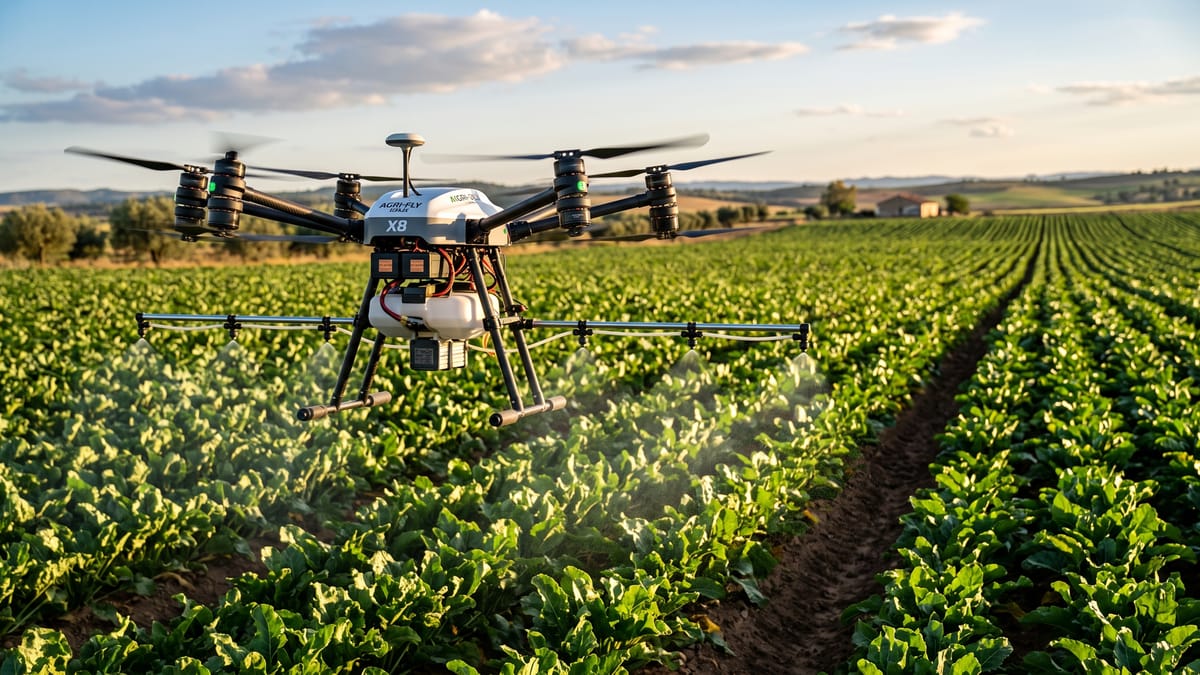 Dron de pulverización DA-40 tratando un cultivo de remolacha