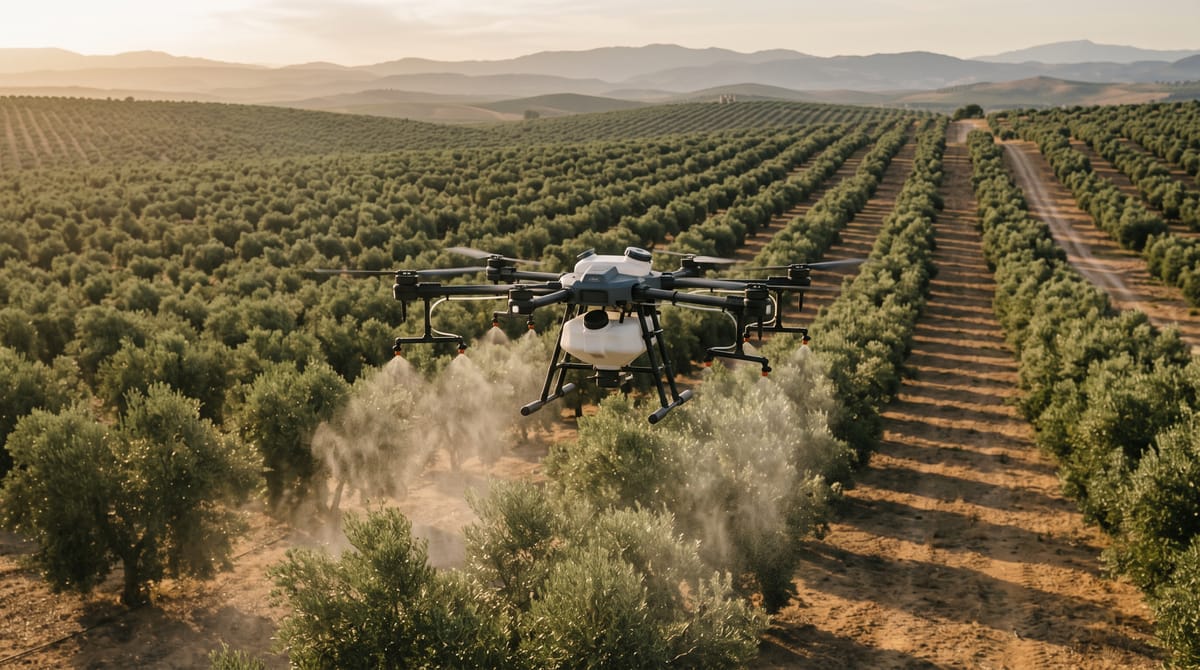 Dron fumigador agrícola DA-40 pulverizando un olivar en hileras al atardecer