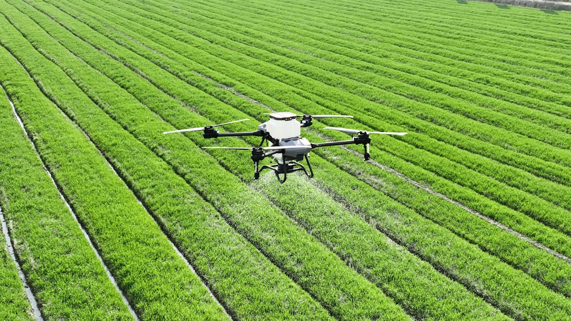 Dron agrícola DA-40 pulverizando un campo verde